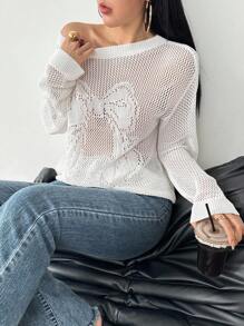 Modelyn Women's Casual Versatile Solid Color Hollow-Out Knit Top - White - View 4