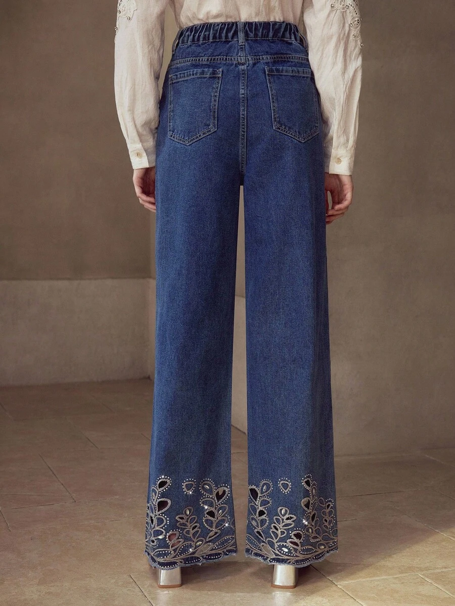 MOTF PREMIUM 刺绣水钻牛仔裤 - 藍色 - 查看 2