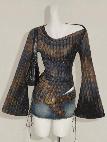 SHEIN ICON 秋季女式西部波西米亚风复古哥特露肩外出扎染印花不对称下摆长袖喇叭袖时尚T恤