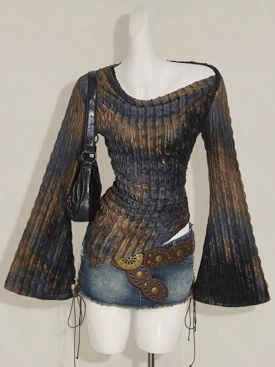 SHEIN ICON 秋季女式西部波西米亚风复古哥特露肩外出扎染印花不对称下摆长袖喇叭袖时尚T恤 - 彩色 - 查看 1