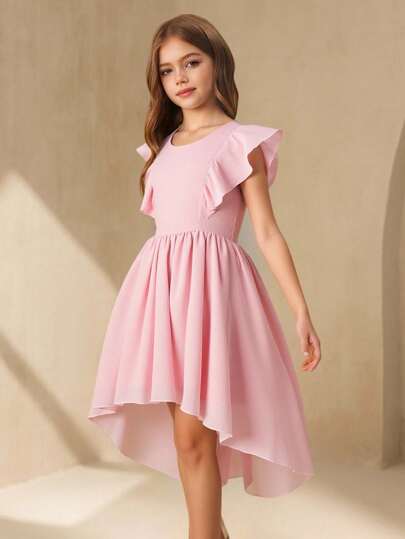 Tween Girls' Elegant Luxurious Pink Round Neck Mid-Length Mesh Formal Dress, Suitable For Evening Party, Wedding, Flower Girl, Prom, Holiday, Birthday, Graduation, Halloween, Christmas And Other Occasions