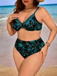 Swim Lushoire 大码女式花卉印花高腰简约时尚比基尼泳装