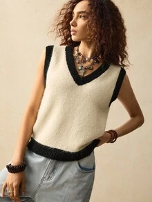 SoleilVie Áo len cổ chữ V màu tương phản dáng rộng thoải mái cho nữ, mùa thu/đông - Màu be - Xem 3