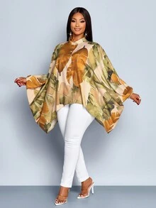 SOLERSUN 女士加大码热带印花新款单排扣蝙蝠袖衬衫，适合度假和日常秋季穿着 - 黃色 - 查看 3