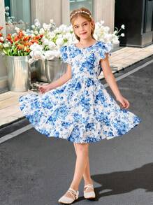 SHEIN Tween Girls 蓝色花朵印花可爱荷叶边露背蝴蝶结节日连衣裙，度假，波西米亚风格，音乐节，复活节，返校，派对午餐，可爱有趣的花园下午茶 - 藍白色 - 查看 11