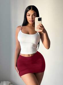 SHEIN SXY Váy bó sát cơ thể mini màu đen gợi cảm thường ngày dành cho nữ (có kèm quần legging) - Màu Đỏ Sâu - Xem 5