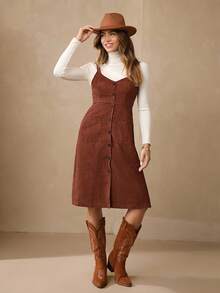 Wildy 雙口袋前紐扣背帶洋裝無毛衣 - 鏽棕色 - 查看 3