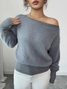 Modelyn 女士纯色露肩长袖宽松人造毛皮毛衣 - 灰色 - 查看 7