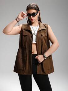 LYSMO Áo khoác không tay màu trơn có túi tiện dụng cỡ lớn dành cho nữ, áo vest nữ màu nâu cho mùa thu/đông - màu nâu - Xem 5