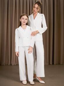 SHEIN Girls' Blazer Suit Set, White Handcrafted Crystal Decor Blazer & Pants, Elegant Everyday Wear & Commute Fall Winter