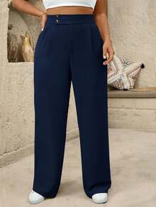 SHEIN Tall Quần ống rộng xếp ly cạp cao cho nữ cỡ lớn - Màu xanh hải quân - Xem 1