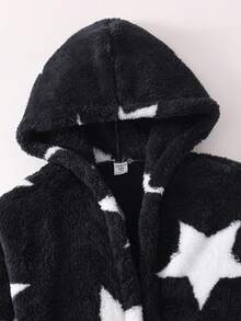 Boys' Navy Blue Minimalist Star Print Long Sleeve Hooded Robe, Suitable For Home, Party, Autumn/Winter Fall - Blue and White - View 4