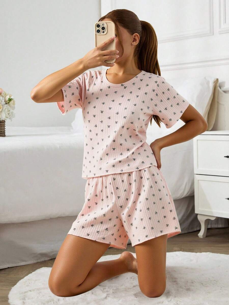 EURMUSE Conjunto de 2 piezas con estampado floral colorido para mujer, conjunto de ropa de estar en casa - Multicolor - Ver 1