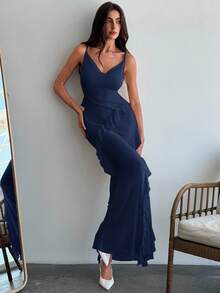 Aloruh 浪漫约会吊带荷叶边修身连衣裙，适合春夏穿着，可作婚礼宾客礼服，优雅连衣裙，秋季婚礼宾客礼服，女士婚礼宾客礼服 - 藏蓝色 - 查看 5