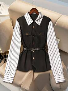 Franclia Camicia elegante da donna a righe a maniche lunghe 2 in 1