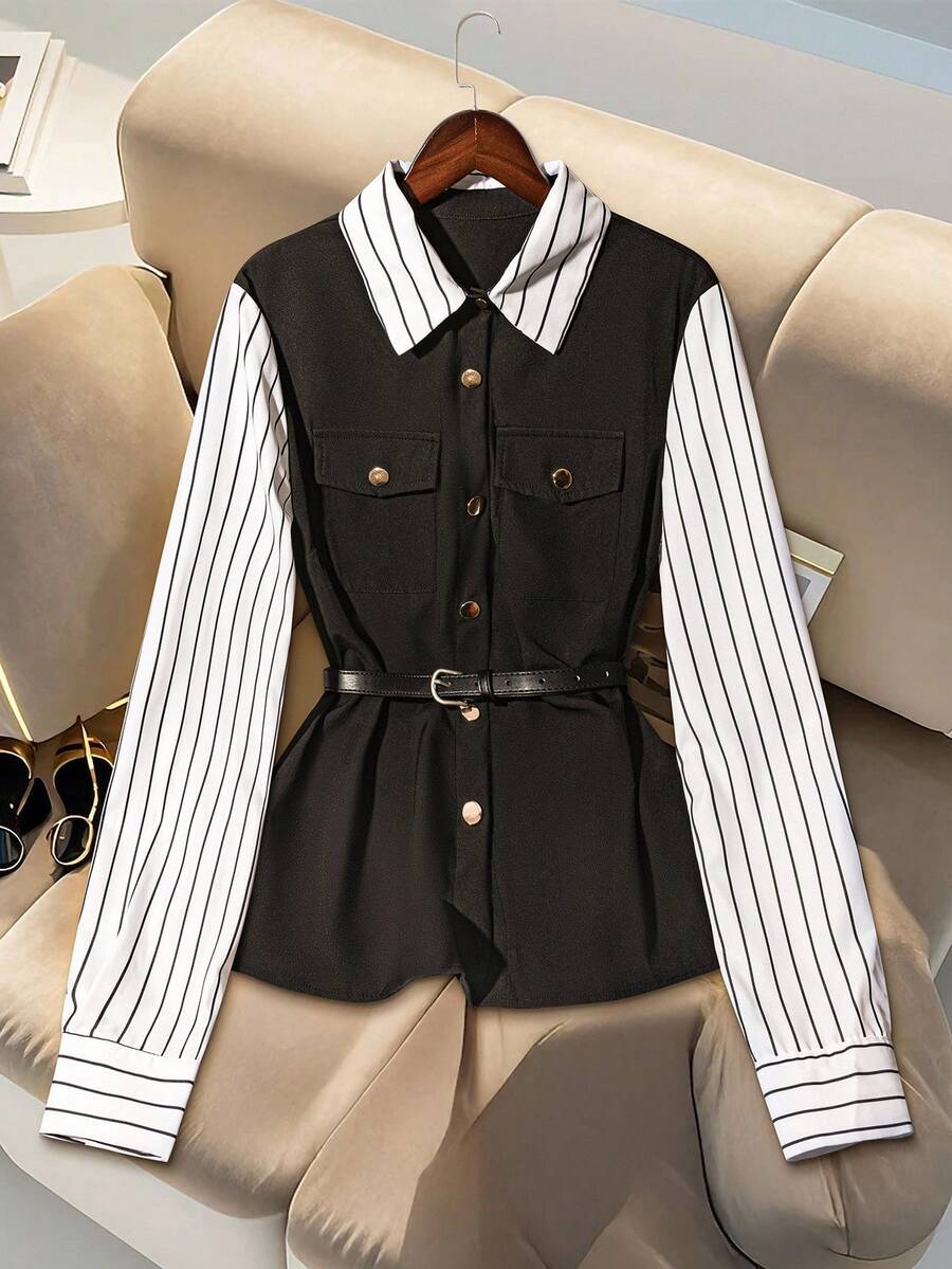 Franclia Camicia elegante da donna a righe a maniche lunghe 2 in 1