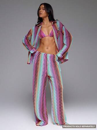 Musera Resort High Rise Tie Waist Patterned Cover Up Trousers Boho Ibiza Cute Sexy Vacation Summer Beach Swimwear Boho Holiday Stripe Fall Winter