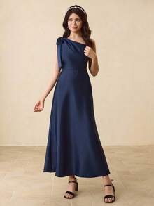 少女斜肩束腰蝴蝶结优雅派对、婚礼、万圣节、圣诞节连衣裙 - 藍色 - 查看 8