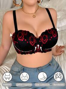 DesireSculpt 1 件女士黑色和红色对比色蕾丝常规加大码钢圈文胸适合大胸内衣蕾丝文胸可爱聚拢文胸可爱文胸，提升 - 彩色 - 查看 1