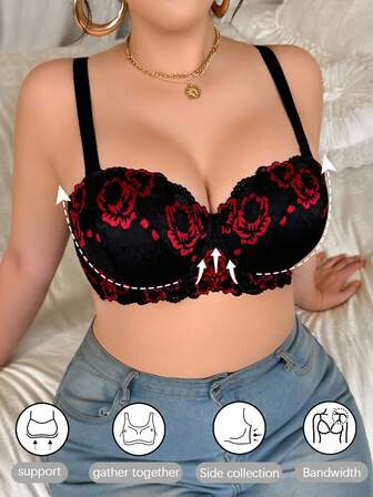 SHEIN 1 件女士黑色和红色对比色蕾丝常规加大码钢圈文胸适合大胸内衣蕾丝文胸可爱聚拢文胸可爱文胸，提升