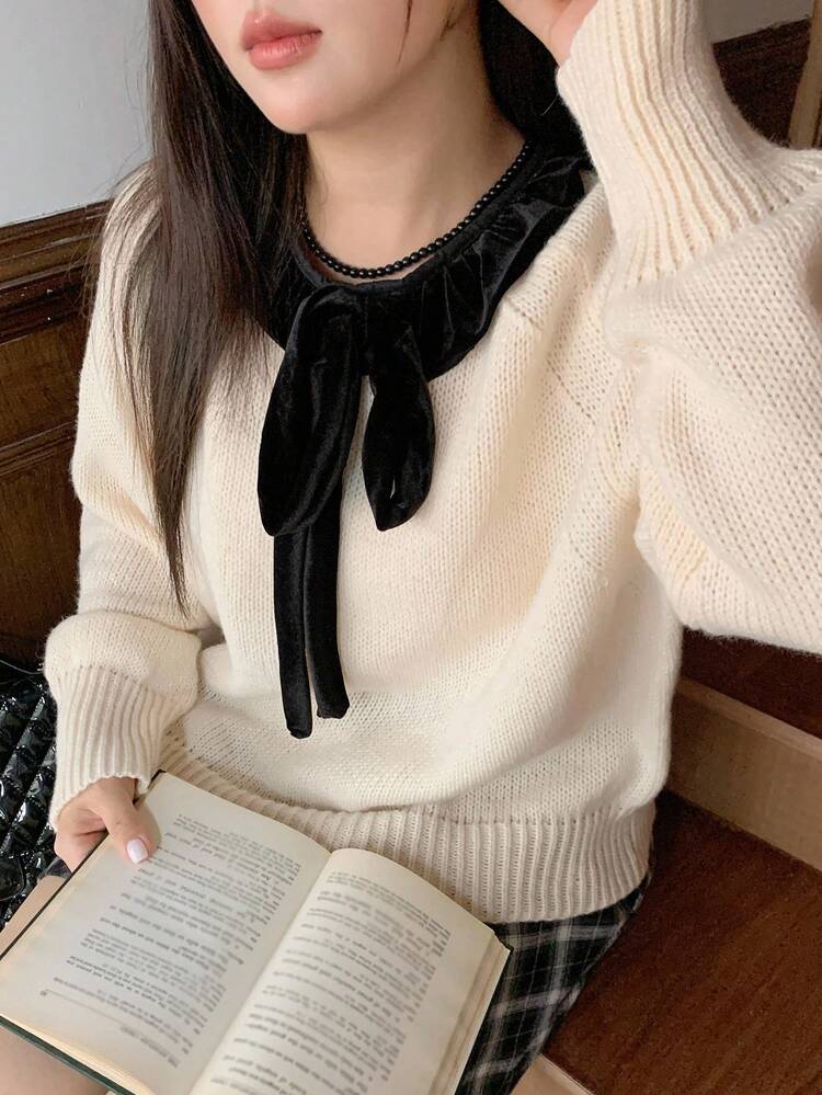 Dazy Plus Contrast Color Patchwork Lace-Up Collar Loose Long Sleeve Pullover Sweater, Elegant Plus Size Women, Spring/Autumn