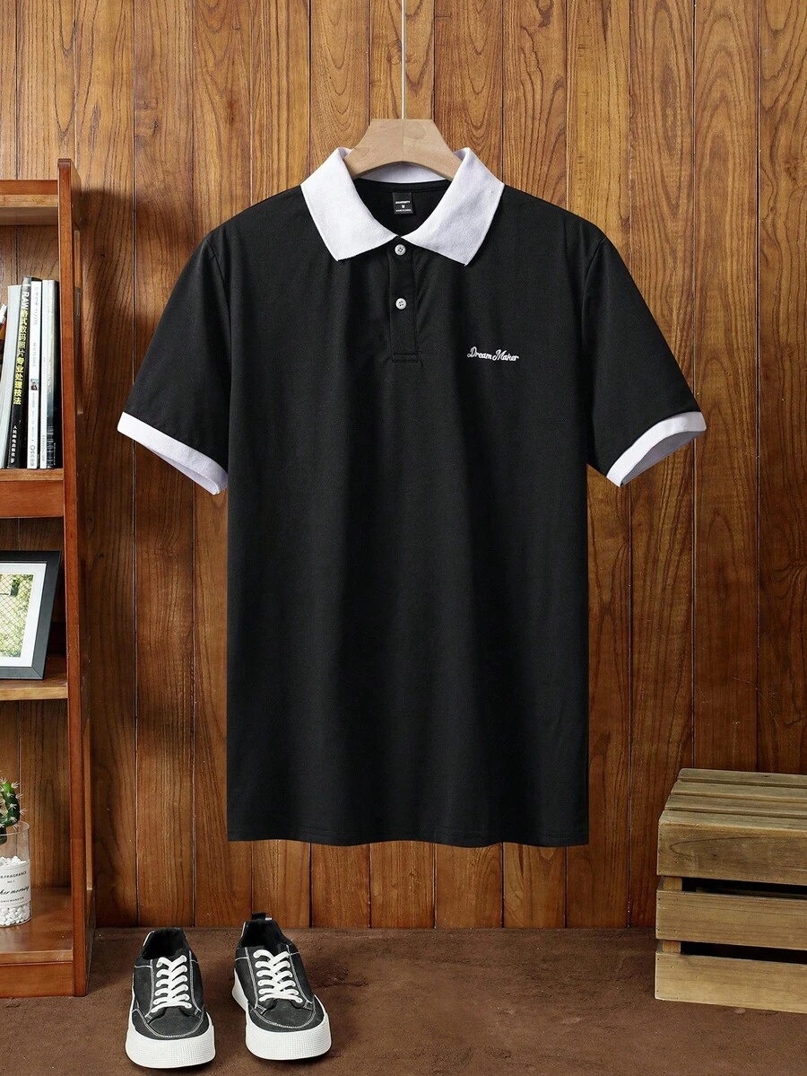 HIMLAND Men Letter Graphic Contrast Trim Polo Shirt - Black - View 1