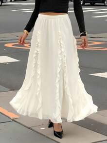 Siren Gaze 秋季女装 - 女士 A 字裙，米色雪纺松紧腰荷叶边下摆，2025 年秋季新款必备单品，非常适合办公室装扮、约会之夜、返校季、演唱会装扮和休闲装，时尚百搭飘逸的秋季女士服装