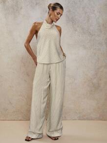 COSMINA Conjunto de dos piezas elegante de rayas con escote halter para mujer, primavera/verano - Caqui - Ver 3