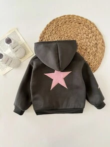 Back To School Baby Girl Gray & Pink Star Print Contrast Color Knit Hoodie Sweatshirt, Loose Fit Thermal Lined Casual Sweatshirt For Autumn/Winter Fall