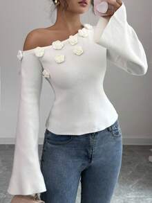 Modelyn 女款法式白色3D花卉毛衣 - 白色 - 查看 4