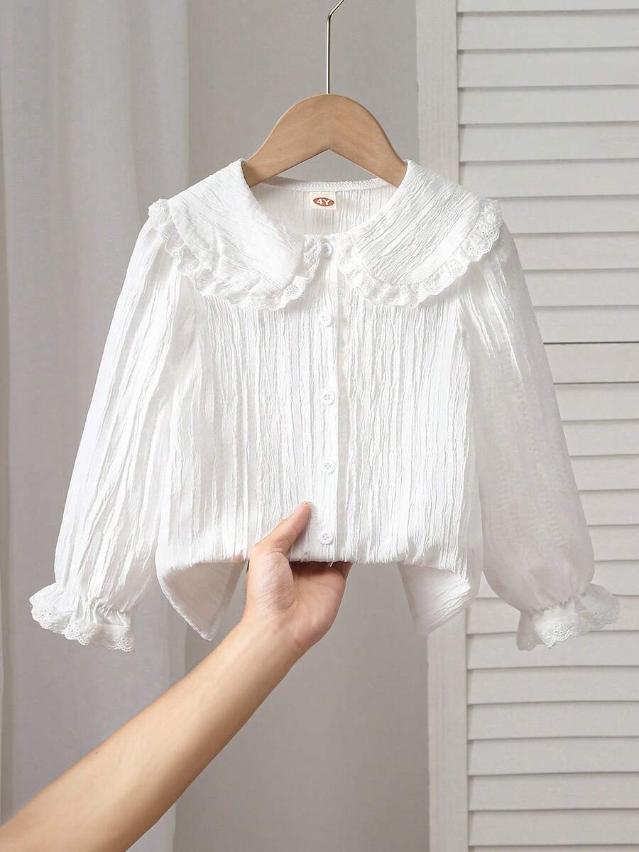 SHEIN 女童优雅百搭蕾丝边彼得潘领休闲长袖开衫衬衫，春秋季 - 白色 - 查看 1