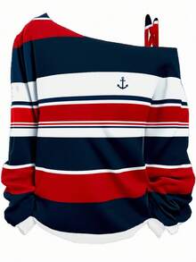 EMERY ROSE Women's Casual Colorblock Striped Nautical Logo Print Long Sleeve T-Shirt, Suitable For Teacher's Day And Back To School Season, ,Flower/Spring/Summer/Vacation - Multicolor - View 5
