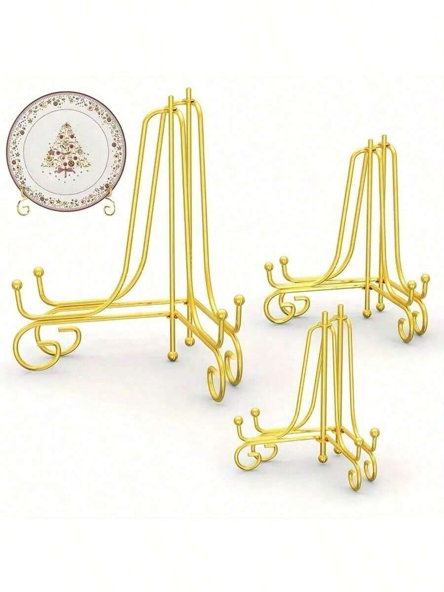 1pc Gold Iron Display Stand, Gold Iron Easel Plate Display Photo Holder Stand, Displays Picture Frames, Cookbooks, Decorative Plates, Tablets And Art - Gold - View 1