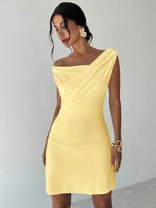 Firerie 女士优雅简约时尚性感日常通勤音乐节度假不对称领口垂坠白色 A 字迷你连衣裙，春夏 - 黃色 - 查看 6
