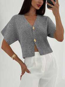 Aloruh 全新简约时尚深 V 领短袖薄款双排扣束腰休闲百搭开衫