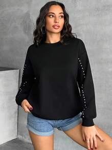 EURMUSE Women's Solid Elegant Rhinestone Detailed Sweatshirt - Black - View 6
