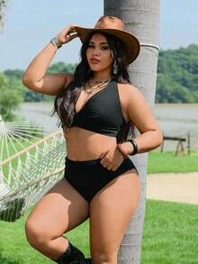 Swim Vcay 大码女式夏季沙滩交叉前系性感比基尼套装 - 黑色 - 查看 5