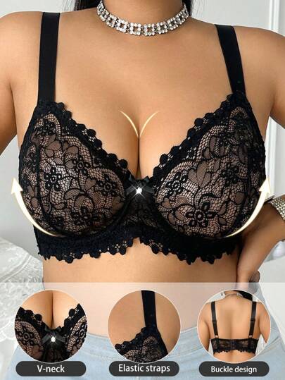 SHEIN 1pc Plus Size Sheer Lace Underwire Lingerie Bra, Lift