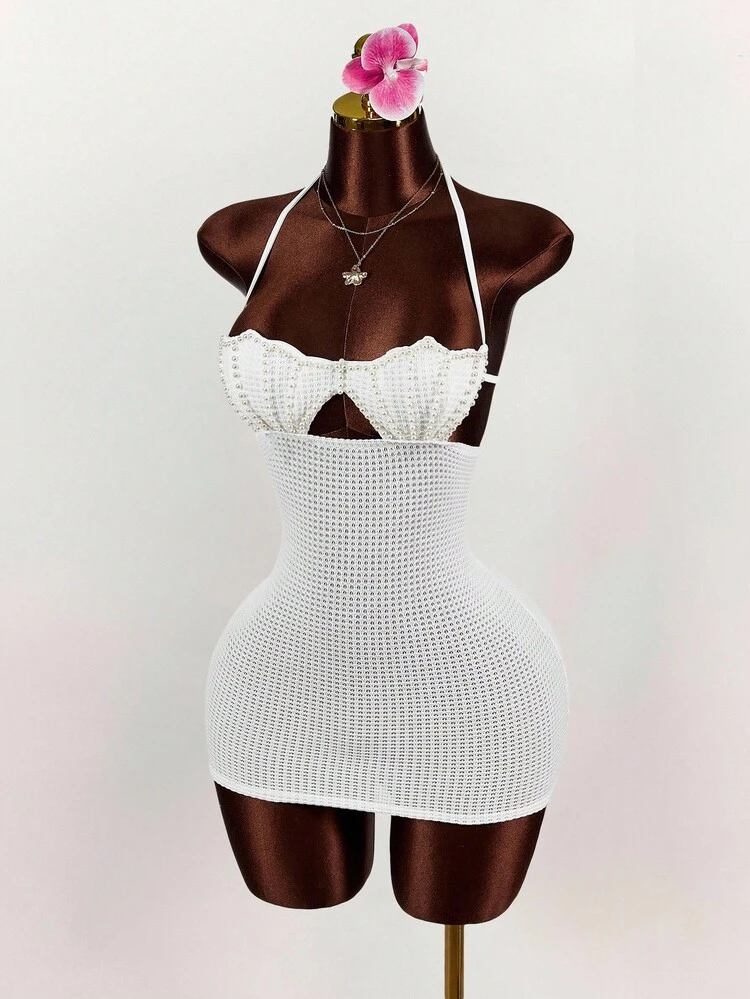 Amplova Vestido Curto Míni Justo Tricô, Corpete Cavado sem Costas, Halter com Amarração - Branco - Visão 1