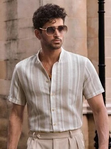 Manfinity VCAY Men's Casual Woven Vertical Striped Short Sleeve Stand Collar Shirt - Multicolor - View 7