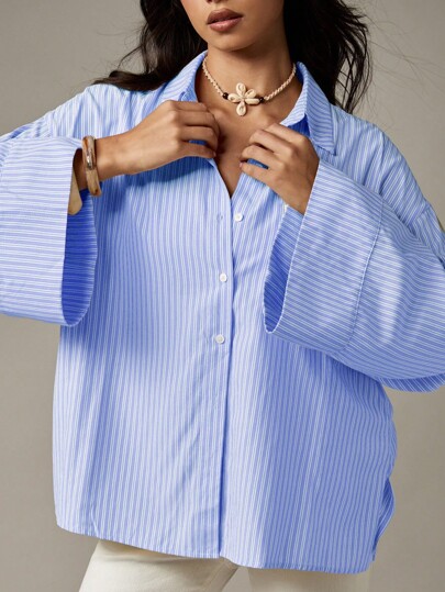 MISSGUIDED Women Casual Oversized Button Down Long Bell Sleeve Striped Business Office Work Everyday Spring Summer Light Weight Collared Top