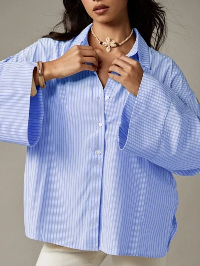 MISSGUIDED Women Casual Oversized Button Down Long Bell Sleeve Striped Business Office Work Everyday Spring Summer Light Weight Collared Top