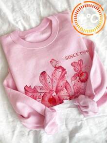 SHEIN Sudadera informal de cuello redondo de felpa rosa con estampado floral y de plantas para niña preadolescente, de vuelta al colegio, otoño, Y2K, Halloween, Glowmode, otoño, vacaciones, primer día de clases - Rosa - Ver 4