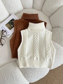 SHEIN Serisse Kids Tween Girl 2pcs Sleeveless Woolen Twist Turtleneck Knitted Top, Solid White & Coffee Brown, Fall Winter Clothes - Multicolor - View 1