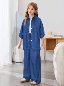 SHEIN 2件套女童蓝色牛仔休闲衬衫和宽松裤子套装 - 中等水洗藍 - 查看 5