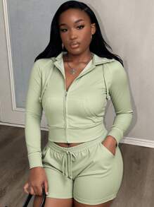 Slaydiva Conjunto de 2 piezas de chaqueta con capucha con cierre frontal y shorts de unicolor para mujer