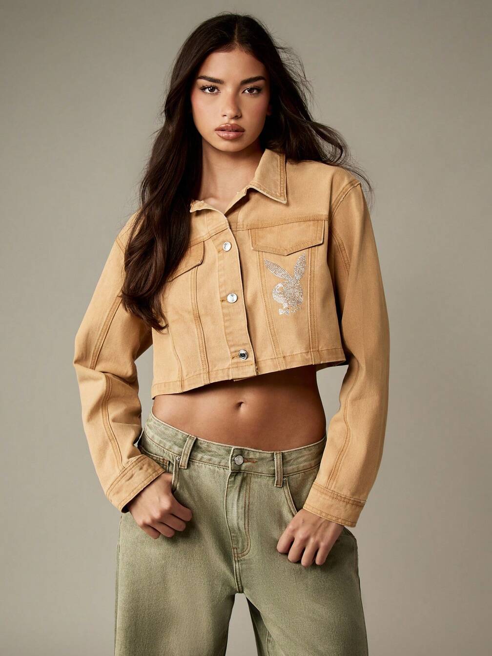 Missguided x Playboy Cropped Denim Jacket With Crystal Bunny