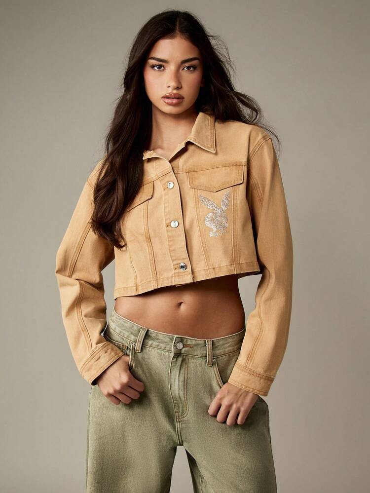 Missguided x Playboy Cropped Trucker Jacket With Rhinestone Crystal Bunny Logo Front Pocket Design High Waist Fitted Western Style Spring Fall Fashion Streetwear Casual Statement Outerwear