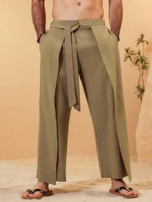 VENTUSAIL Men's Summer Linen Texture Layered Design Loose And Comfortable Breathable Vacation Long Pants With Waist Tie Design, Khaki Going Out Plain Baggy Slacks Pants, For Husband, Boyfriend Gifts, For Fall - Khaki - View 7