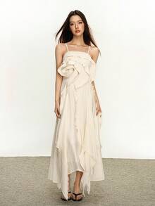 Rina Fox Đầm midi xếp nếp màu trơn thanh lịch cho nữ, mùa hè - Màu be - Xem 1